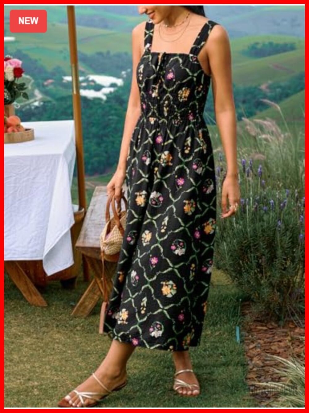 Backless Square Neck Smocked Waist Midi Dress with Pockets - Picture 5 of 7